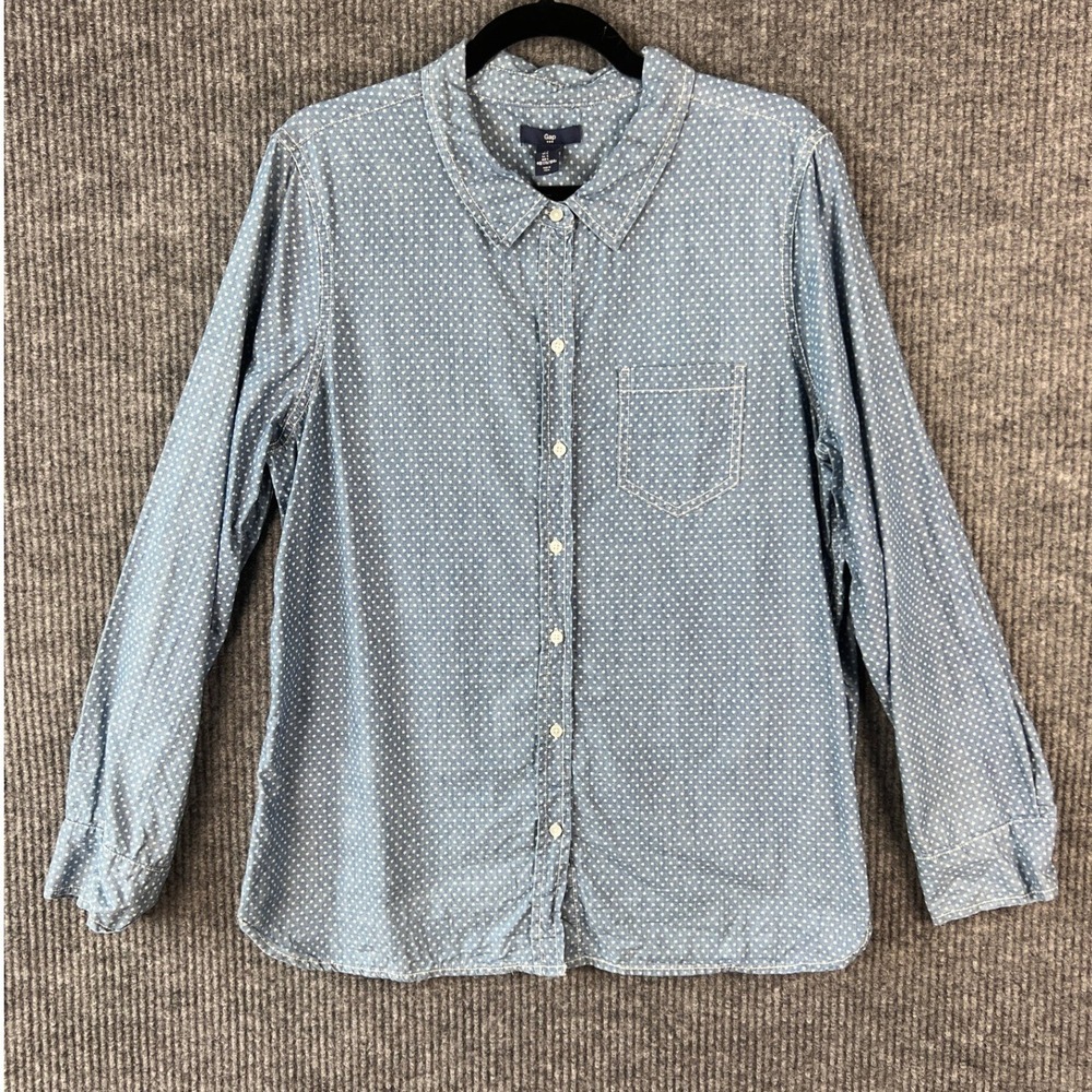 Gap Denim Heart Polka Dot Shirt Large Blue Cotton Preppy Coquette Coastal